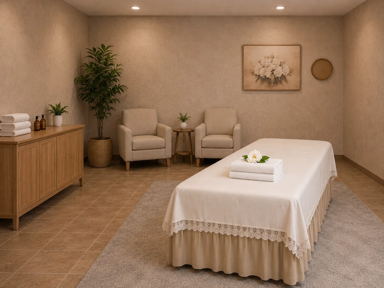Clean private massage room with warm lighting at Charming Spa in Moreno Valley, CA