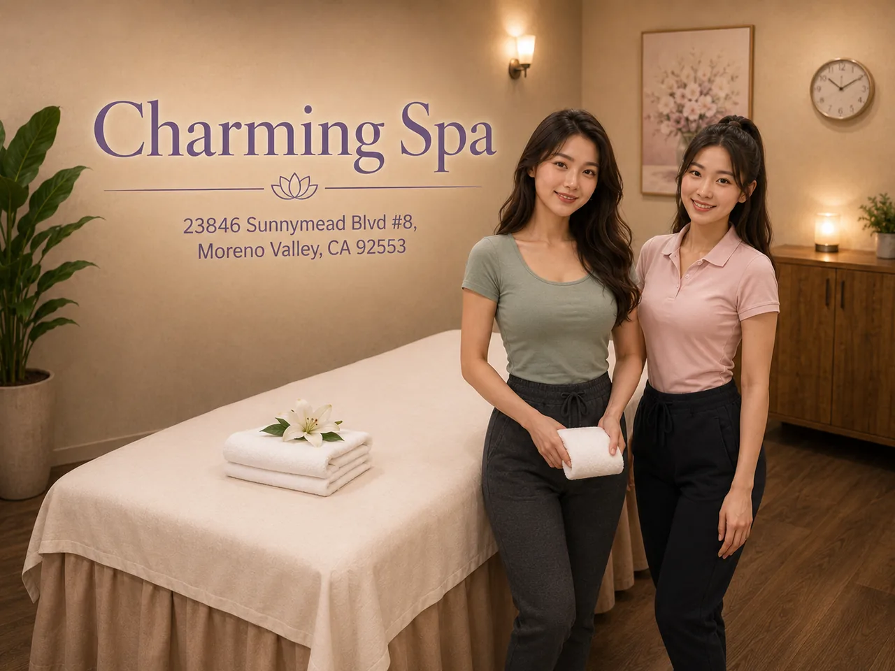 Two friendly staff members in a clean private room at Charming Spa in Moreno Valley, CA