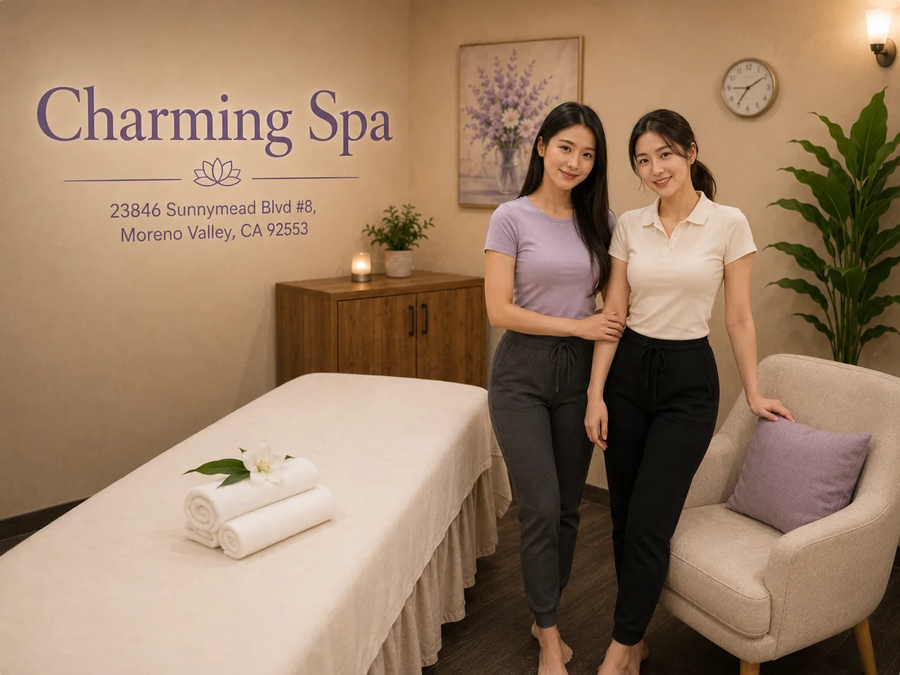 Two staff members beside a clean massage table at Charming Spa in Moreno Valley, CA